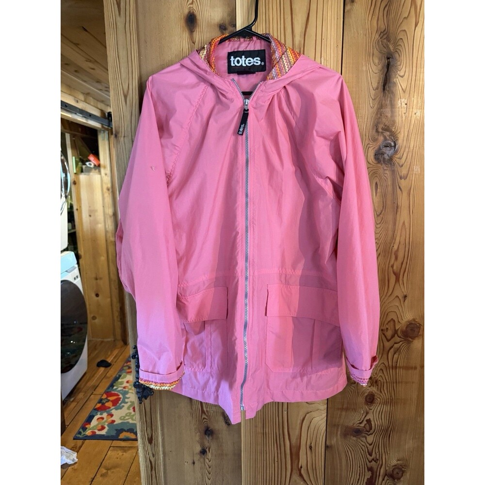 totes Women’s M Pink Solid Hooded Mid-Length Rain Coat Zip Pockets Lightweight